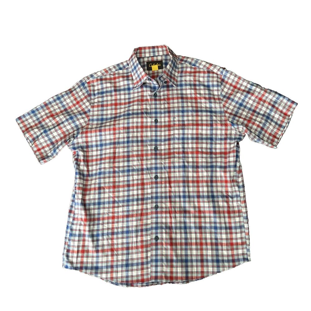 Cabela's Shirt Mens Large Blue Short Sleeve Button Checkers Blue Lightweight